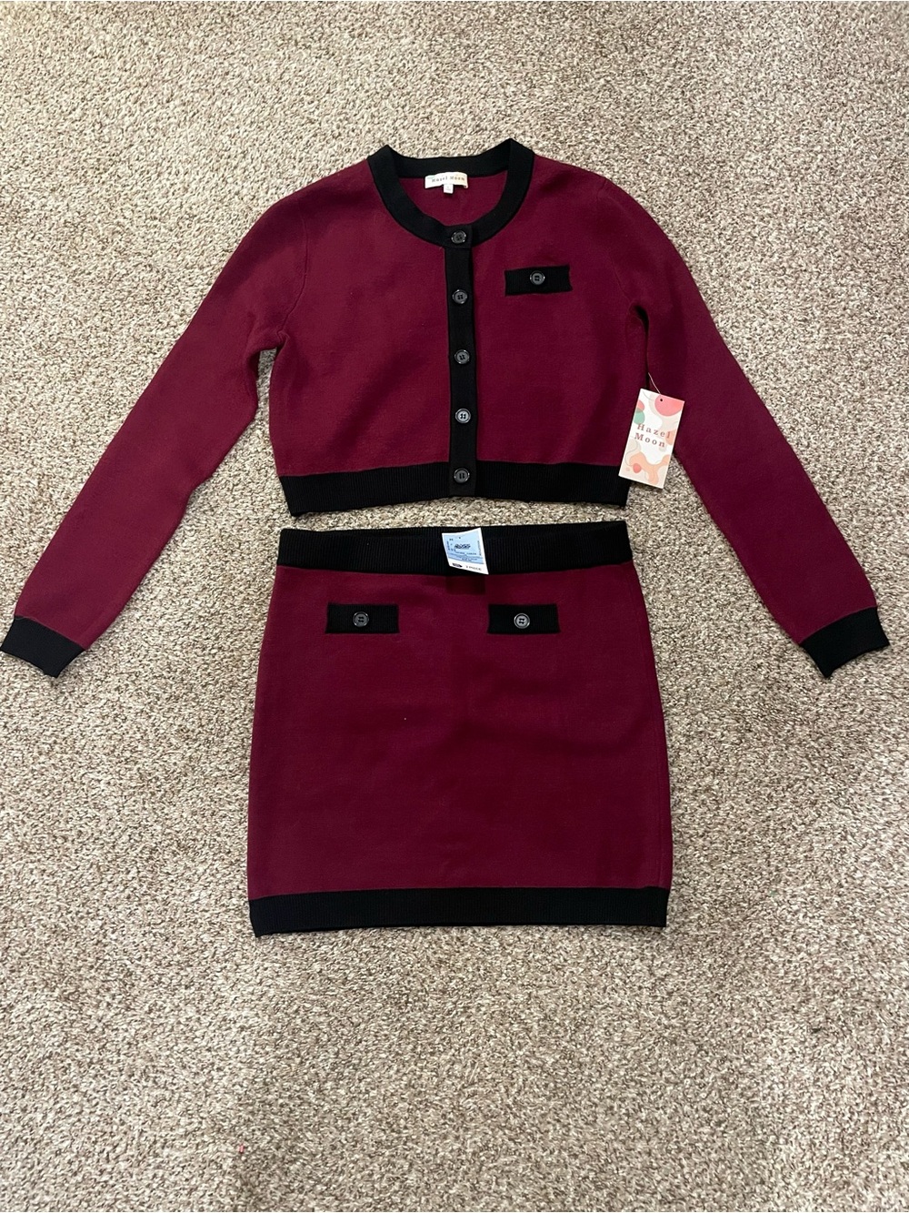 Girls Burgundy & Black Knit Cardigan and Skirt Set